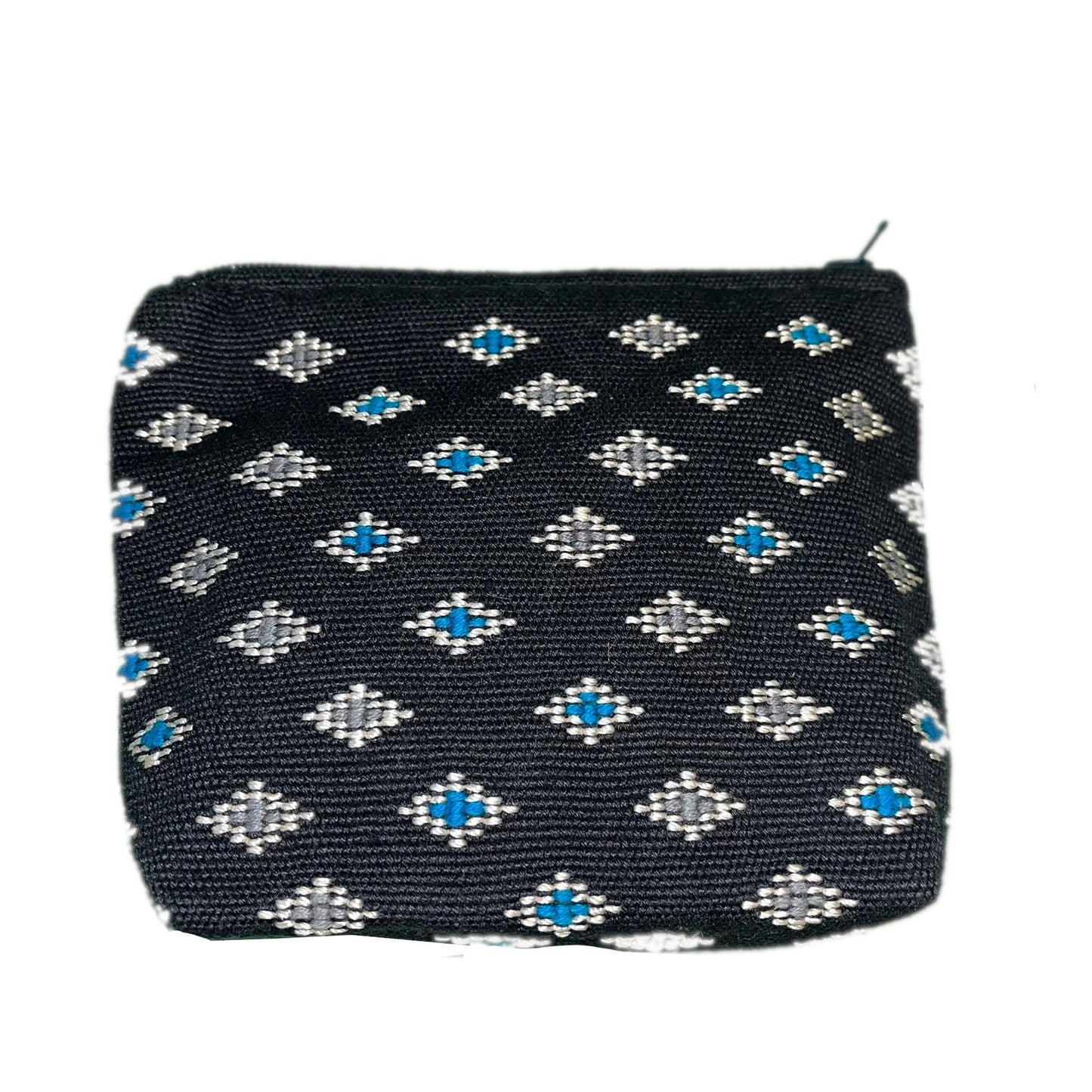 Black Coin Purse with Blue Diamonds. Hand Embroidered.