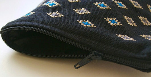Black Coin Purse with Blue Diamonds. Hand Embroidered.