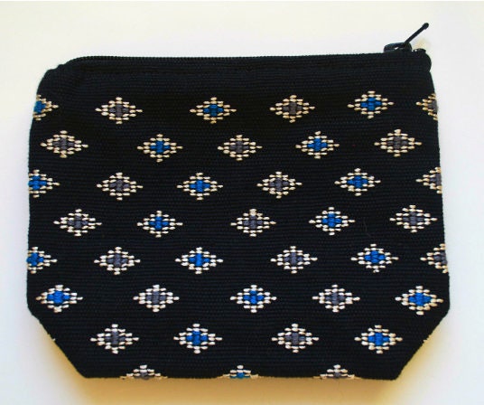 Black Coin Purse with Blue Diamonds. Hand Embroidered.